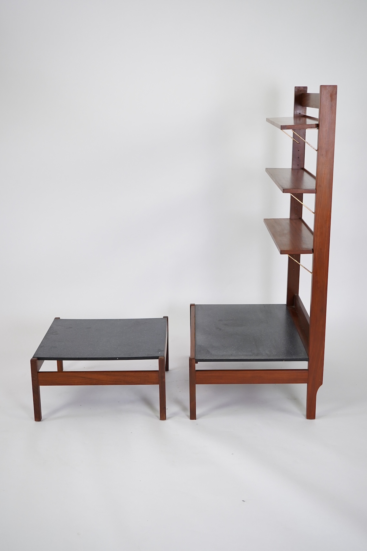 George Fejér (Hungarian, 1912-1996) for Guy Rogers of Liverpool: A 'Beverly Hills' mid-century hall stand shelving unit and matching occasional table